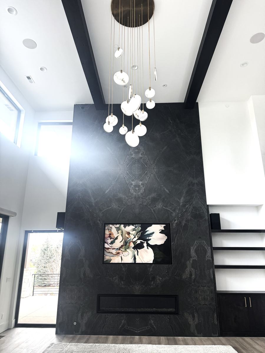 Great room with stone feature wall